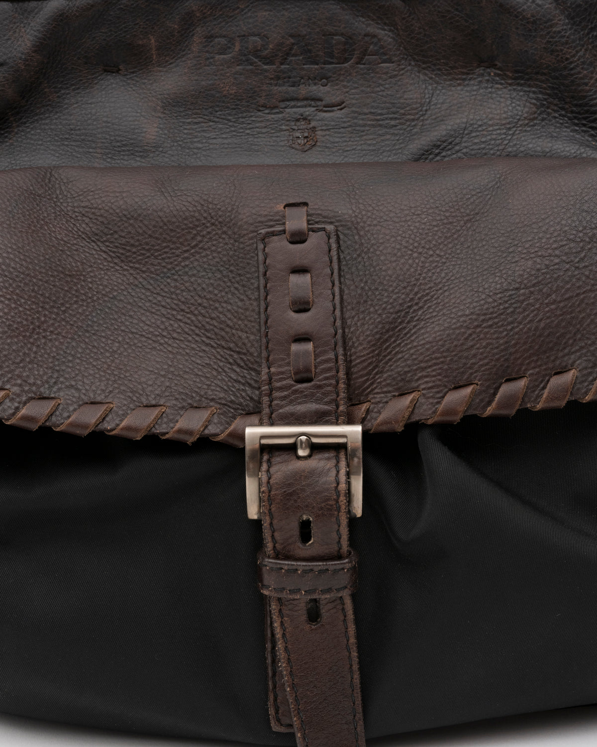 2000s PRADA Brown Leather & Tessuto Nylon Whipstitch Bag