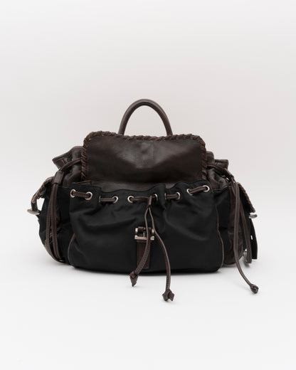 2000s PRADA Brown Leather & Tessuto Nylon Whipstitch Bag