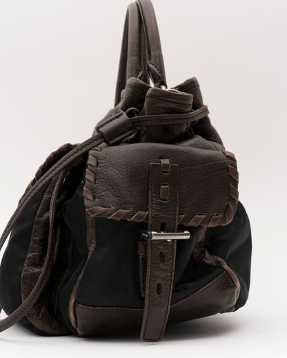 2000s PRADA Brown Leather & Tessuto Nylon Whipstitch Bag
