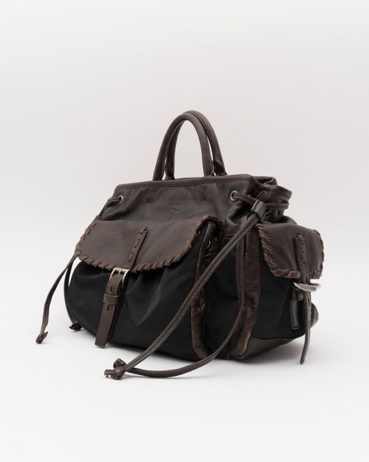 2000s PRADA Brown Leather & Tessuto Nylon Whipstitch Bag