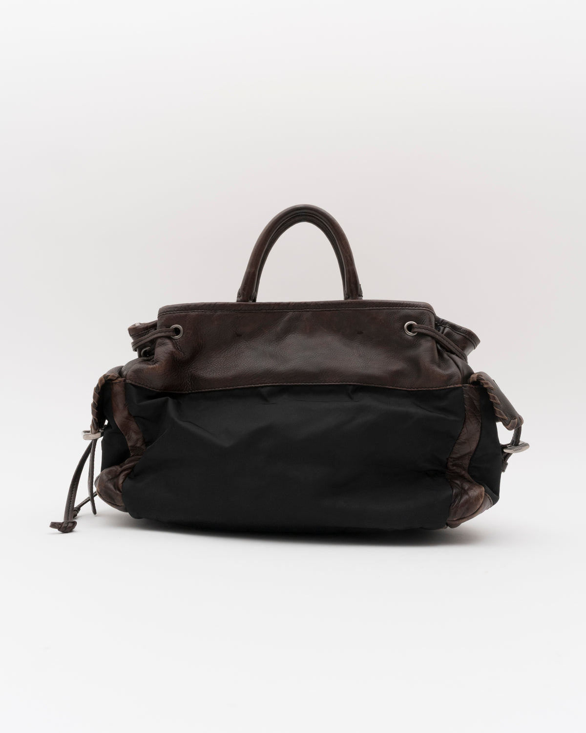 2000s PRADA Brown Leather & Tessuto Nylon Whipstitch Bag