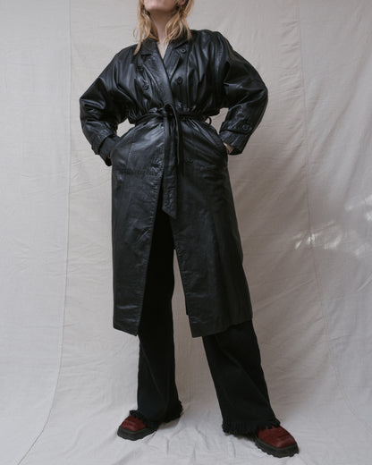 Vintage Black Leather Trench Coat (S/M)