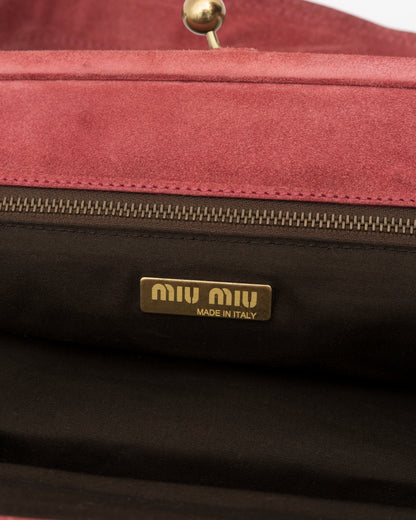2000s Rare MIU MIU Chocolate Leather Kiss-Lock Frame Bag w/Dusty Rose Suede Trim