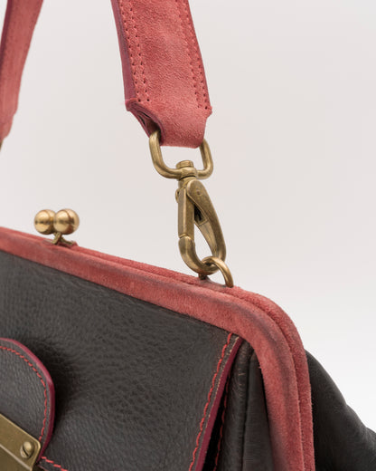 2000s Rare MIU MIU Chocolate Leather Kiss-Lock Frame Bag w/Dusty Rose Suede Trim
