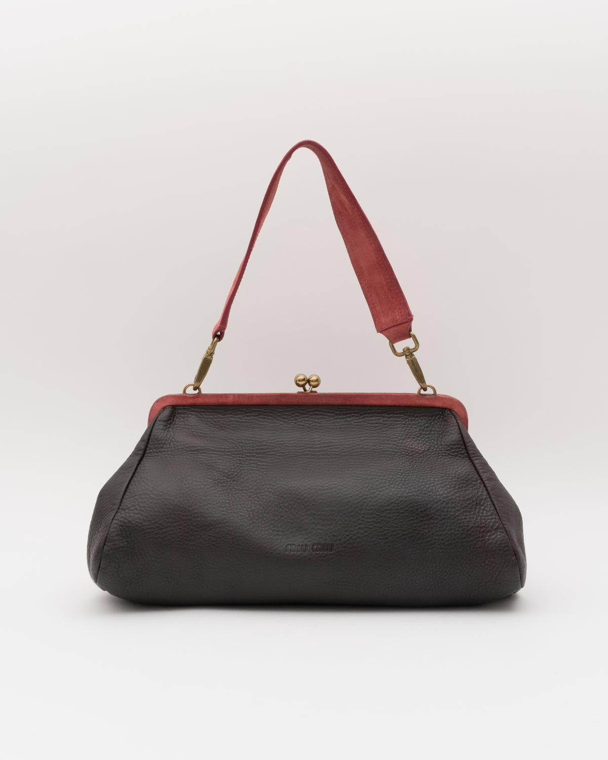 2000s Rare MIU MIU Chocolate Leather Kiss-Lock Frame Bag w/Dusty Rose Suede Trim
