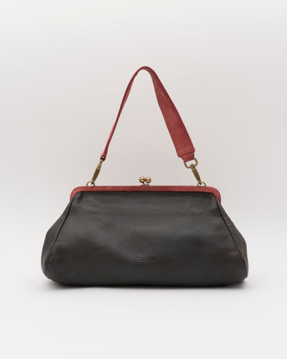 2000s Rare MIU MIU Chocolate Leather Kiss-Lock Frame Bag w/Dusty Rose Suede Trim