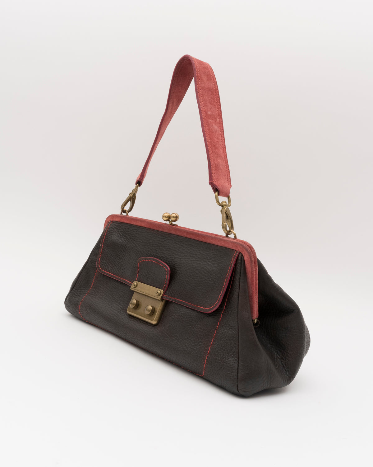 2000s Rare MIU MIU Chocolate Leather Kiss-Lock Frame Bag w/Dusty Rose Suede Trim