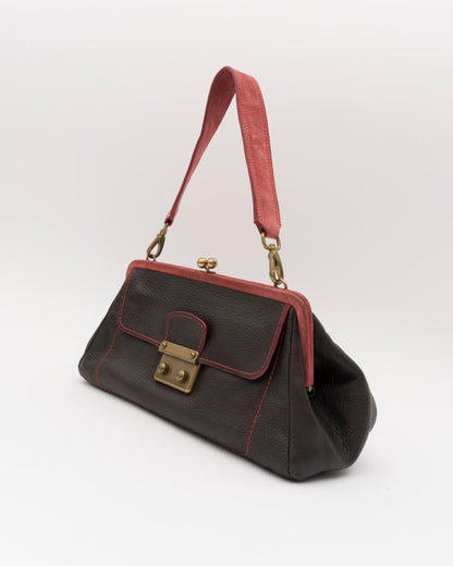 2000s Rare MIU MIU Chocolate Leather Kiss-Lock Frame Bag w/Dusty Rose Suede Trim
