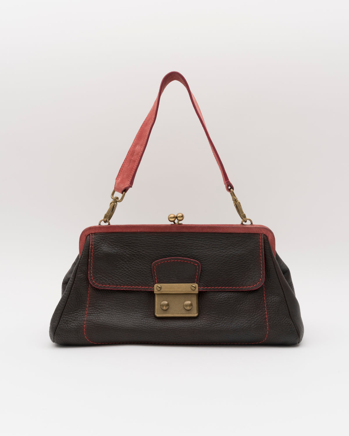 2000s Rare MIU MIU Chocolate Leather Kiss-Lock Frame Bag w/Dusty Rose Suede Trim