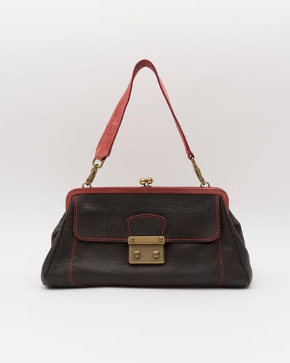 2000s Rare MIU MIU Chocolate Leather Kiss-Lock Frame Bag w/Dusty Rose Suede Trim