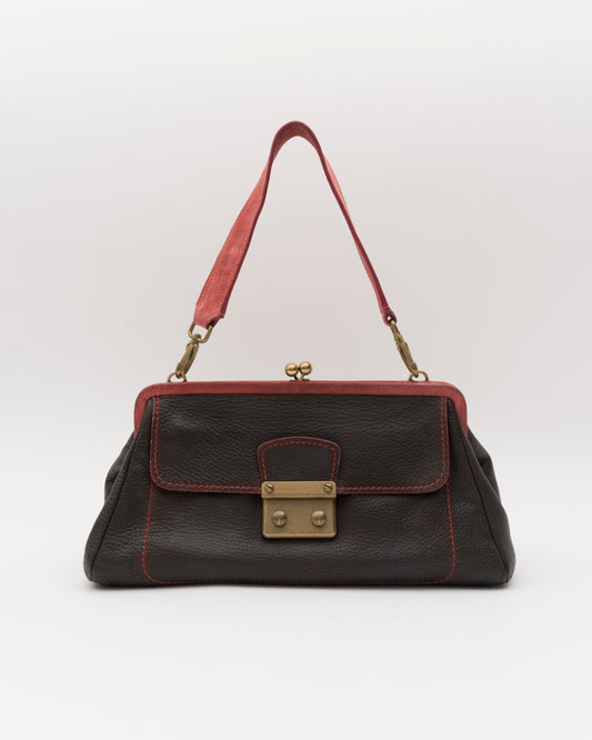 2000s Rare MIU MIU Chocolate Leather Kiss-Lock Frame Bag w/Dusty Rose Suede Trim