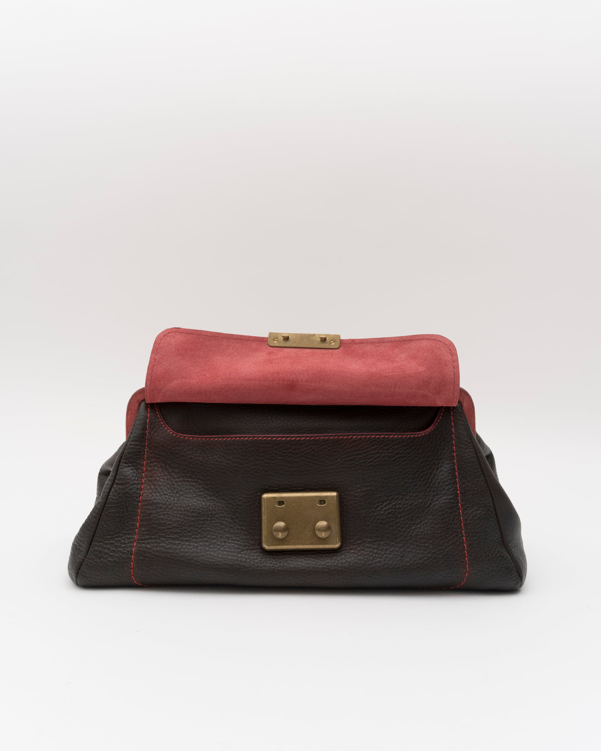 2000s Rare MIU MIU Chocolate Leather Kiss-Lock Frame Bag w/Dusty Rose Suede Trim