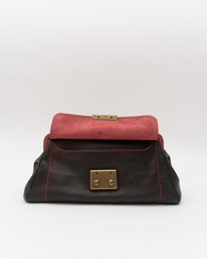 2000s Rare MIU MIU Chocolate Leather Kiss-Lock Frame Bag w/Dusty Rose Suede Trim