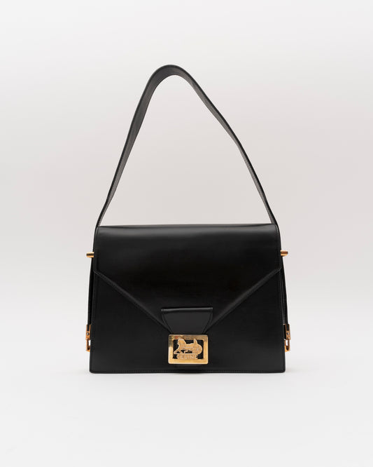 70s/80s CELINE Black Leather Box Carriage Bag