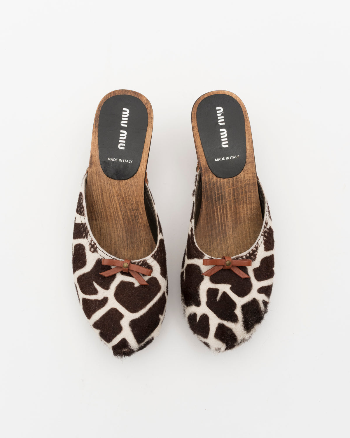 2000s MIU MIU Brown & White Pony Hair Wooden Clogs (36.5)