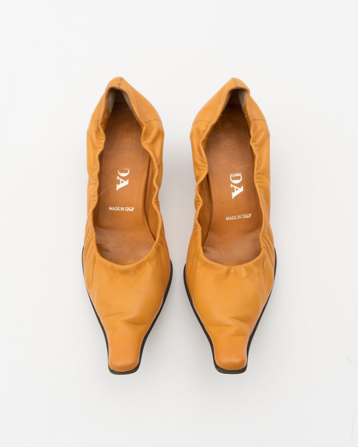 90s PRADA Marigold Ruched Leather Chisel Toe Kitten Heels (35.5)