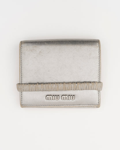 2000s MIU MIU Silver Metallic Nappa Ruched Band Compact Wallet