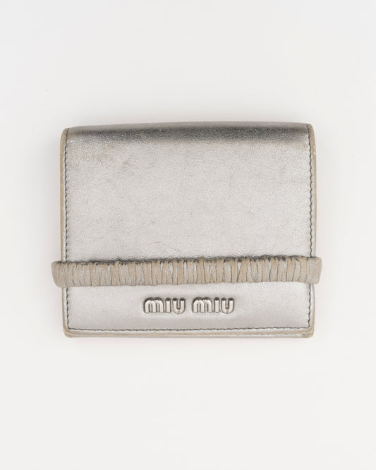2000s MIU MIU Silver Metallic Nappa Ruched Band Compact Wallet