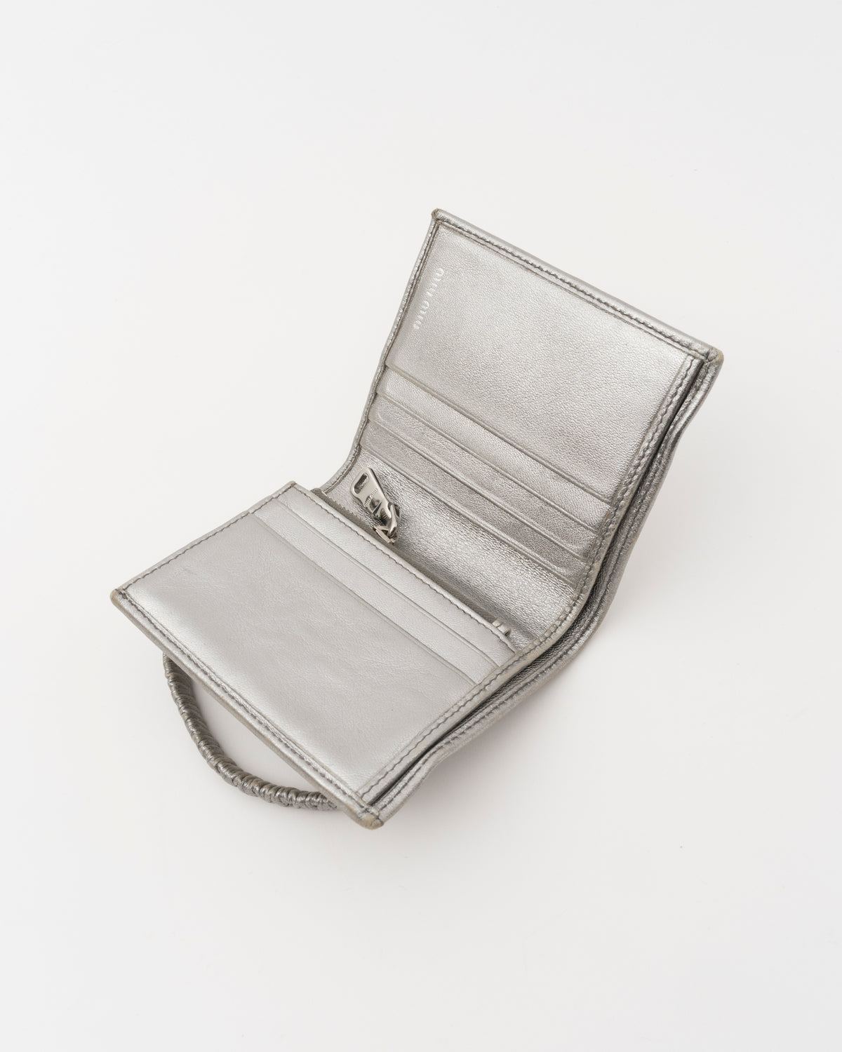 2000s MIU MIU Silver Metallic Nappa Ruched Band Compact Wallet