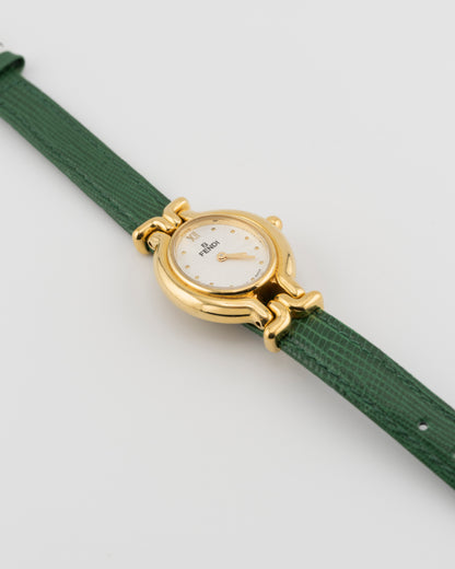 90s FENDI 640L Gold Watch w/Green Leather Band