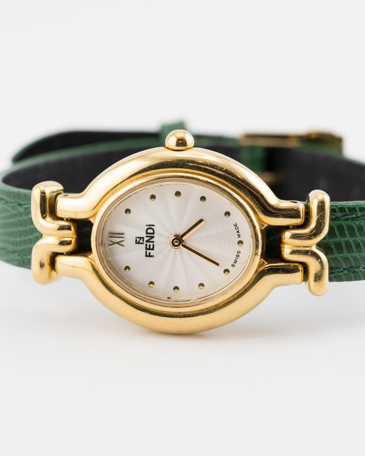 90s FENDI 640L Gold Watch w/Green Leather Band