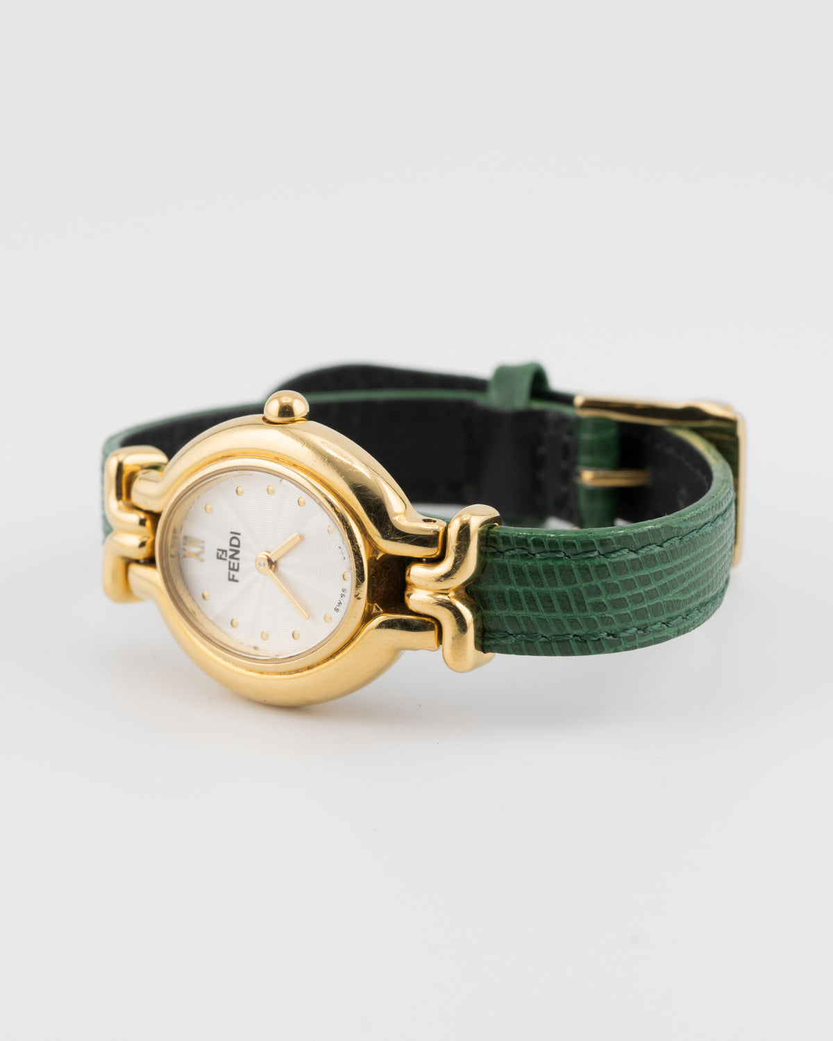90s FENDI 640L Gold Watch w/Green Leather Band