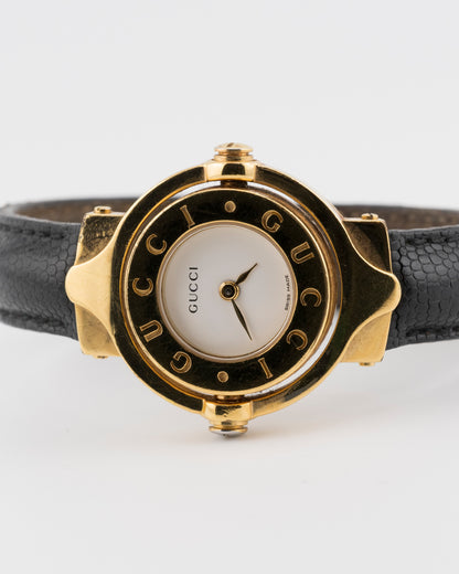 90s GUCCI 6600L Reverso Black Leather Bangle Watch