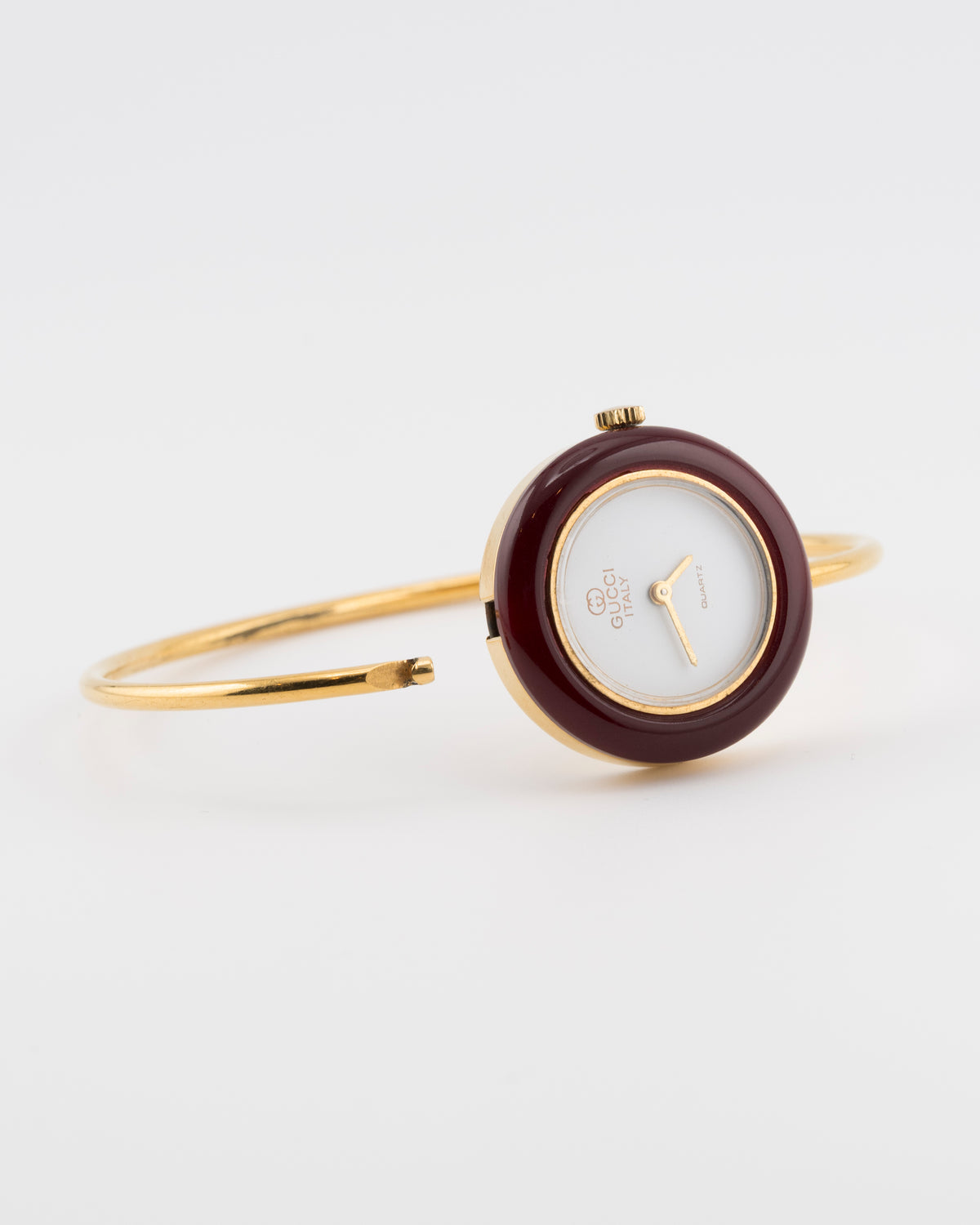 80s GUCCI 11/12.2 Gold Maroon Bezel Bangle Watch