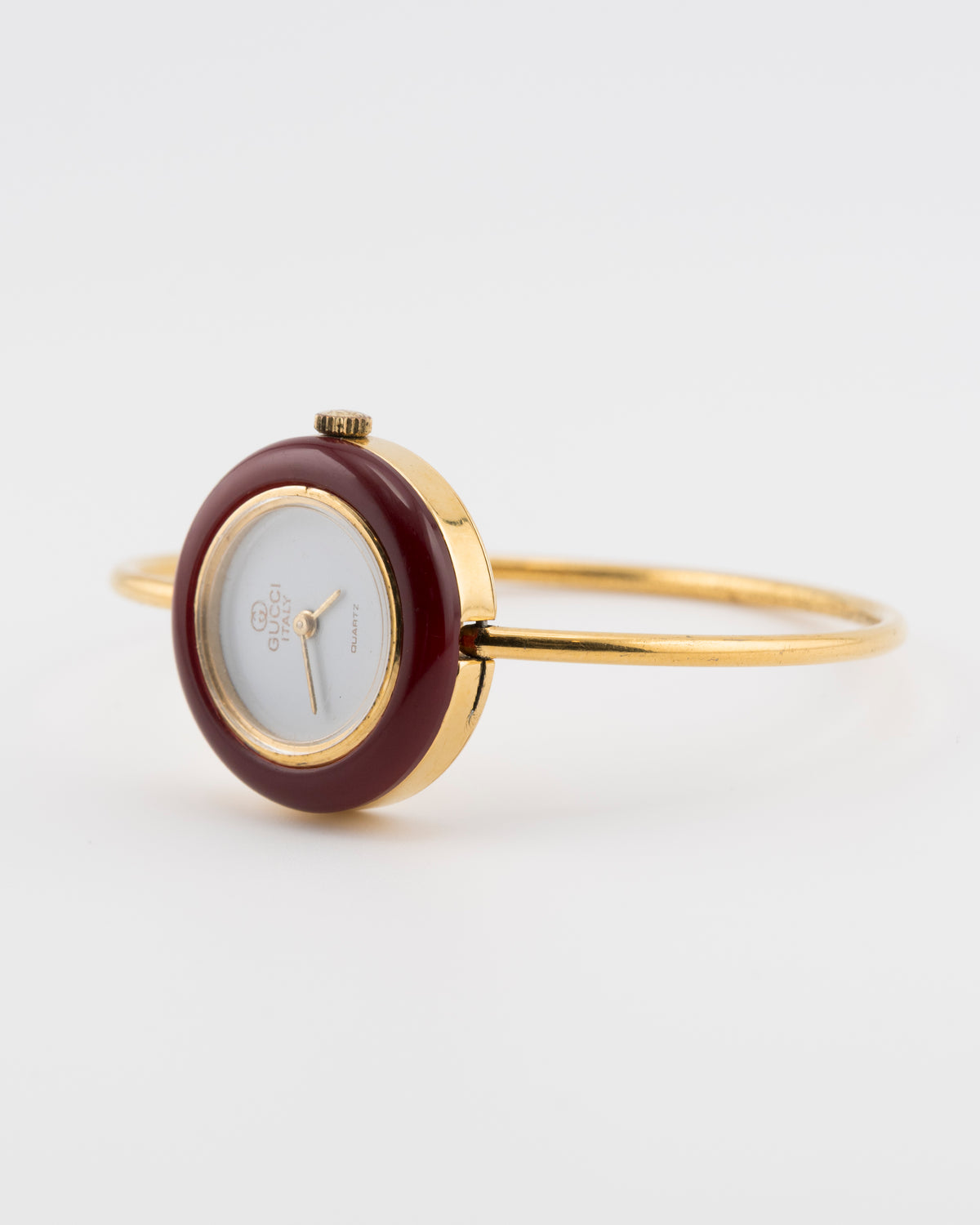 80s GUCCI 11/12.2 Gold Maroon Bezel Bangle Watch