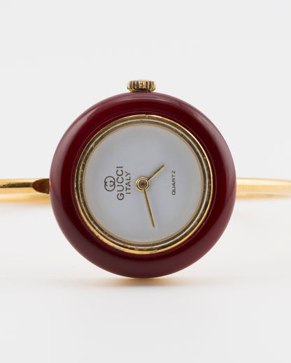 80s GUCCI 11/12.2 Gold Maroon Bezel Bangle Watch