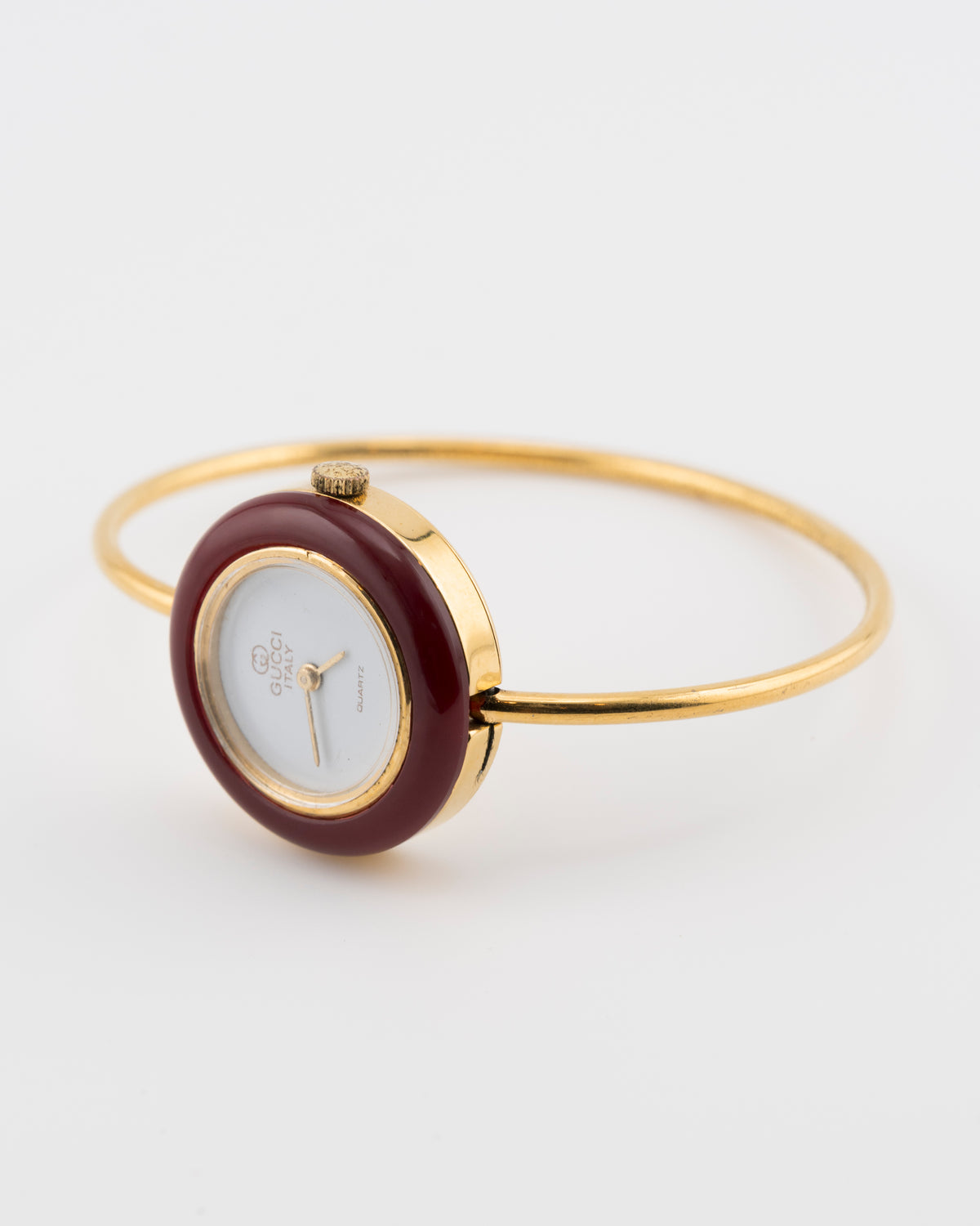 80s GUCCI 11/12.2 Gold Maroon Bezel Bangle Watch