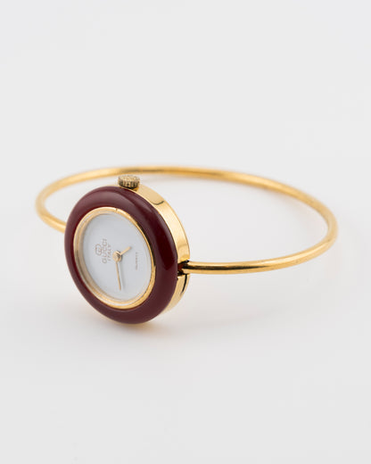 80s GUCCI 11/12.2 Gold Maroon Bezel Bangle Watch