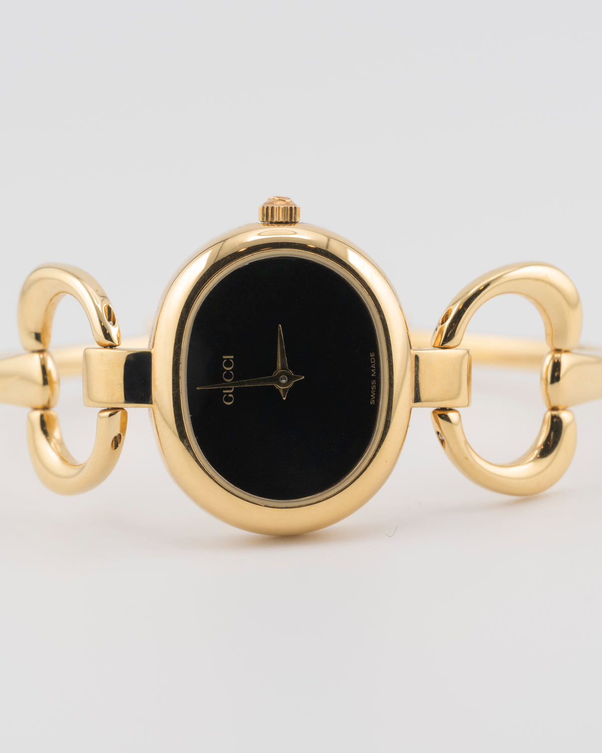 90s GUCCI 1600L Gold Horsebit Watch w/Black Dial