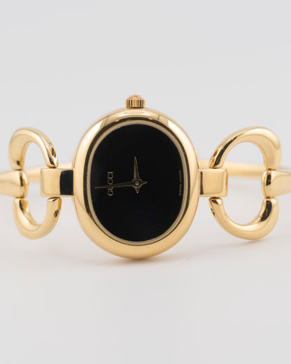 90s GUCCI 1600L Gold Horsebit Watch w/Black Dial