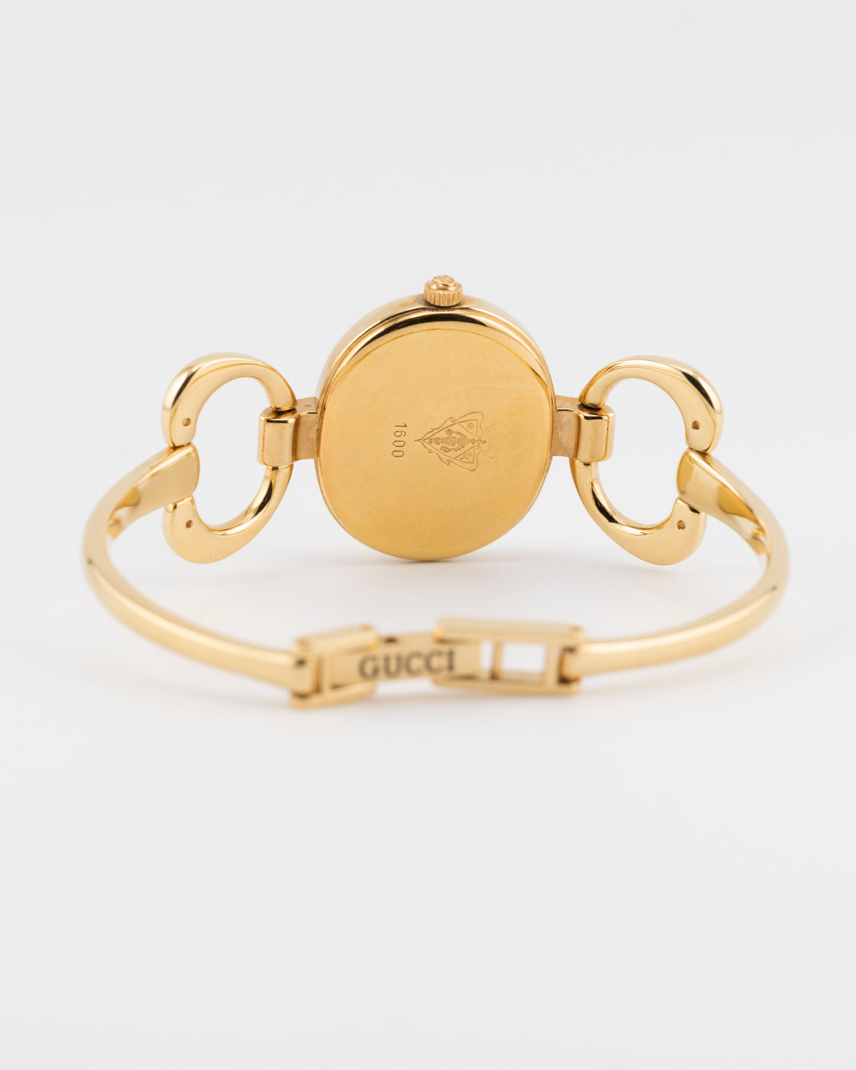 90s GUCCI 1600L Gold Horsebit Watch w/Black Dial