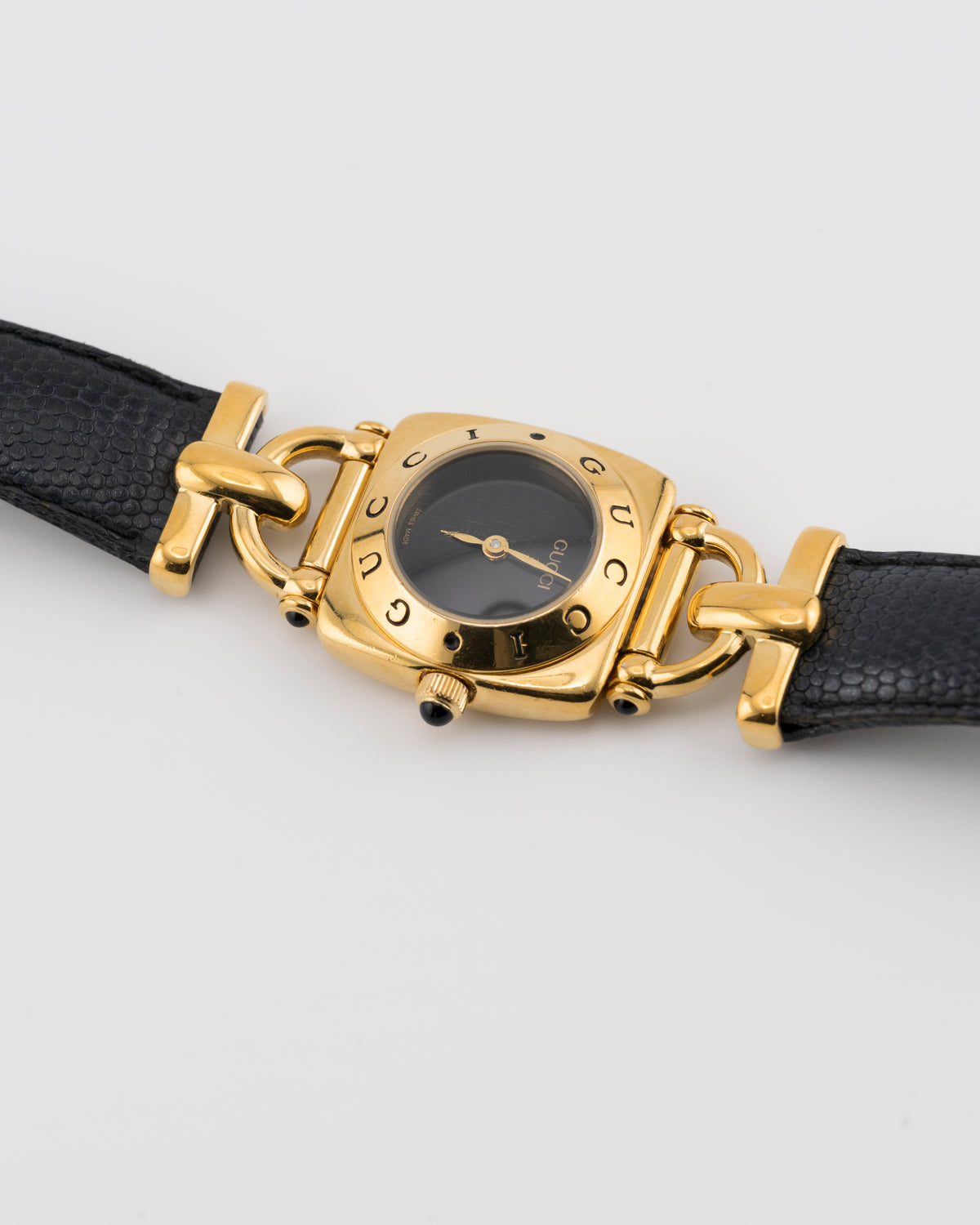 90s GUCCI 6300 Gold Horsebit Watch w/Black Leather Band