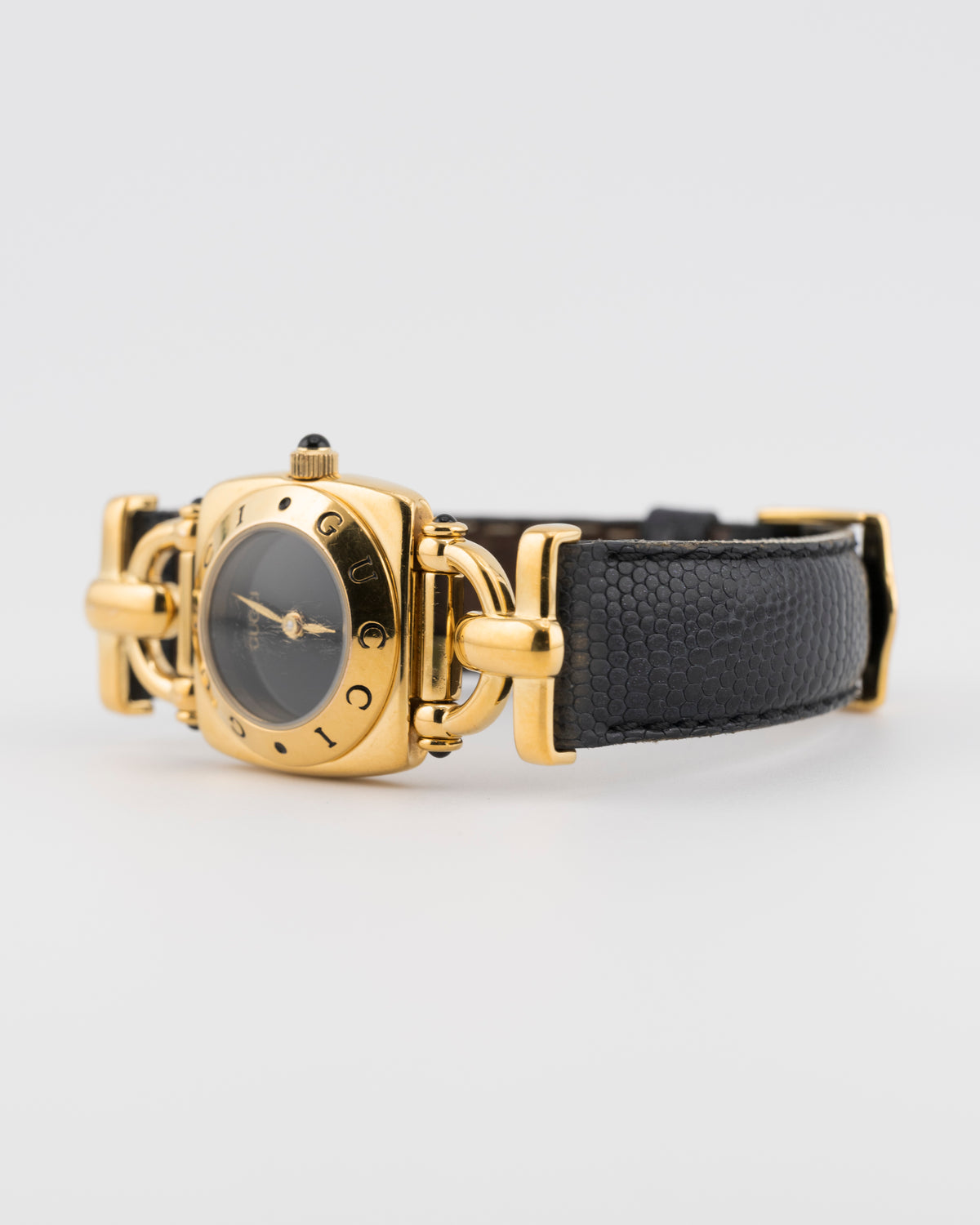 90s GUCCI 6300 Gold Horsebit Watch w/Black Leather Band