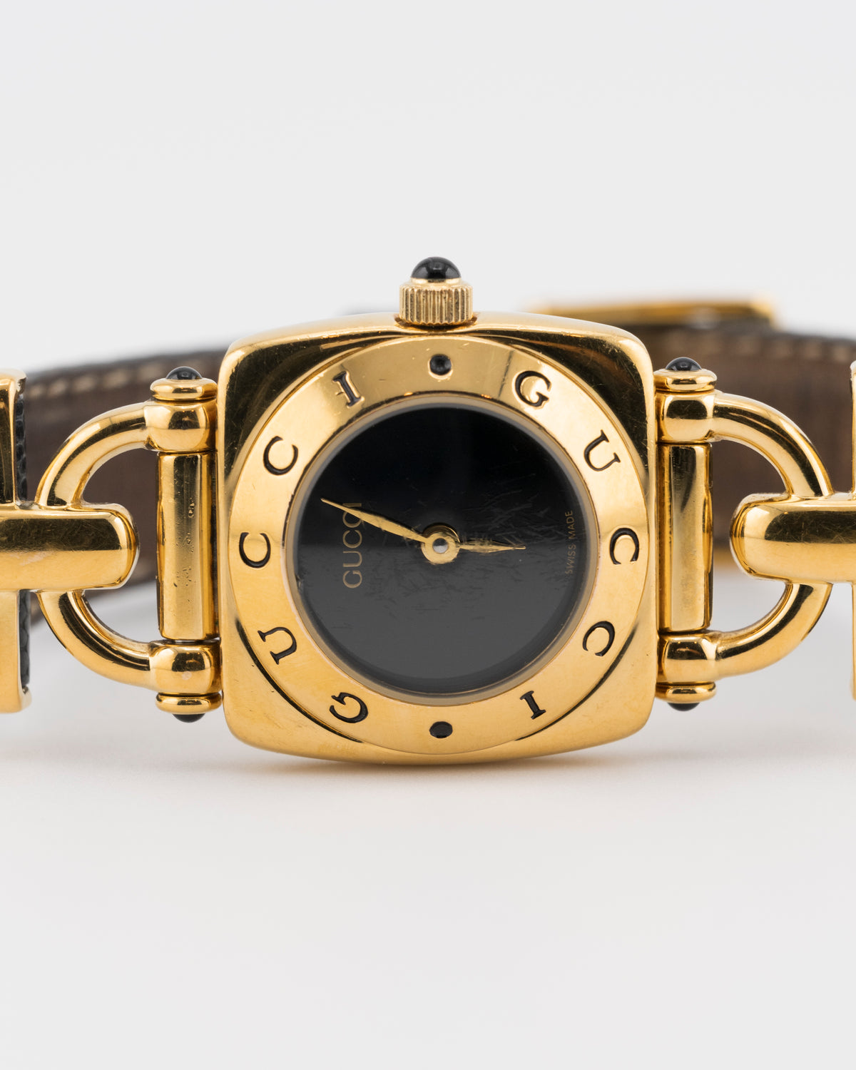 90s GUCCI 6300 Gold Horsebit Watch w/Black Leather Band