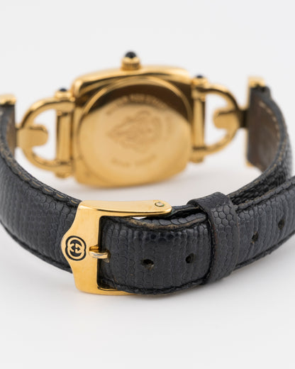 90s GUCCI 6300 Gold Horsebit Watch w/Black Leather Band