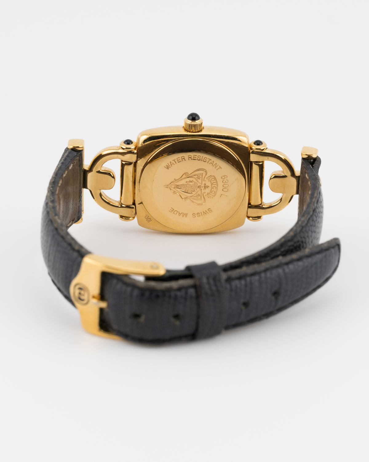 90s GUCCI 6300 Gold Horsebit Watch w/Black Leather Band