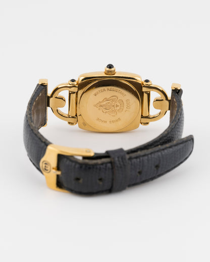 90s GUCCI 6300 Gold Horsebit Watch w/Black Leather Band