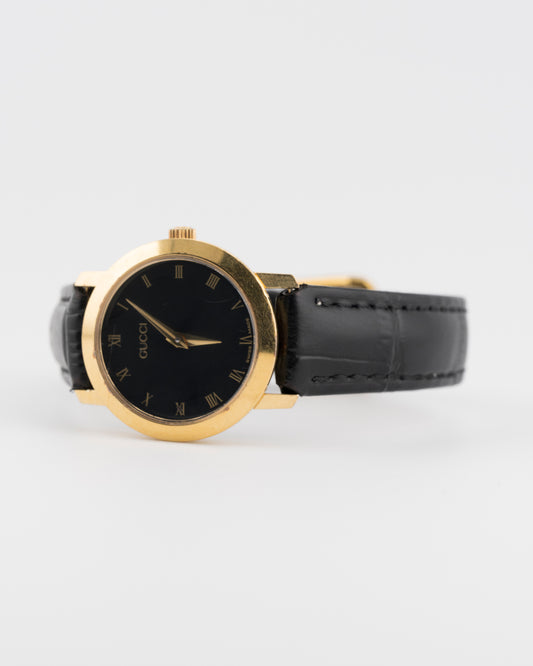 80s GUCCI 2200L Gold Watch w/Black Leather Band