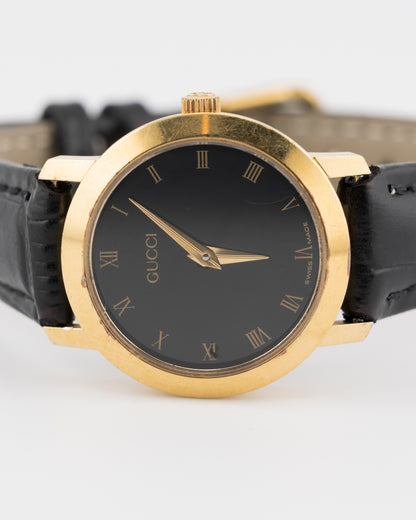80s GUCCI 2200L Gold Watch w/Black Leather Band