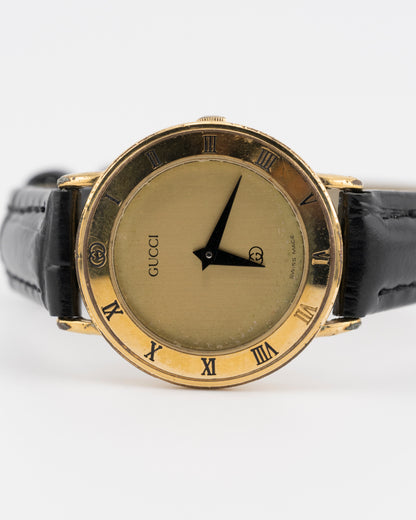 90s GUCCI 3000L Gold Watch w/Black Leather Band