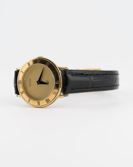 90s GUCCI 3000L Gold Watch w/Black Leather Band