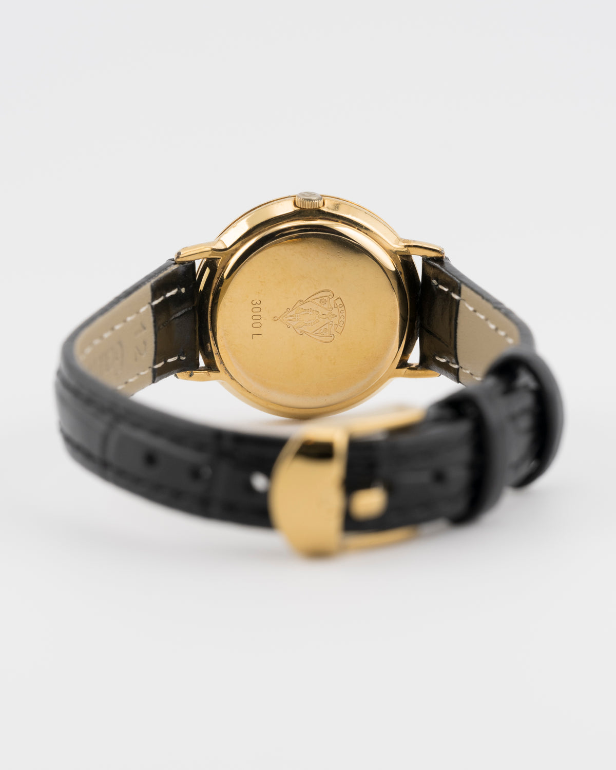 90s GUCCI 3000L Gold Watch w/Black Leather Band