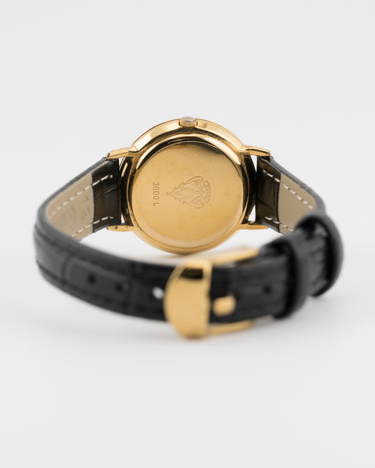 90s GUCCI 3000L Gold Watch w/Black Leather Band