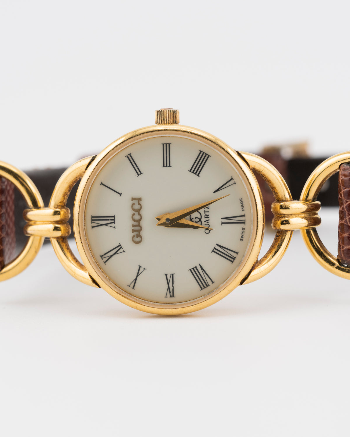 80s GUCCI 6000L Gold Horsebit Watch w/Brown Leather Band