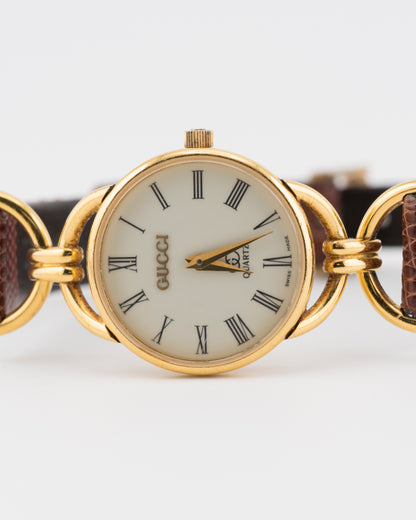 80s GUCCI 6000L Gold Horsebit Watch w/Brown Leather Band
