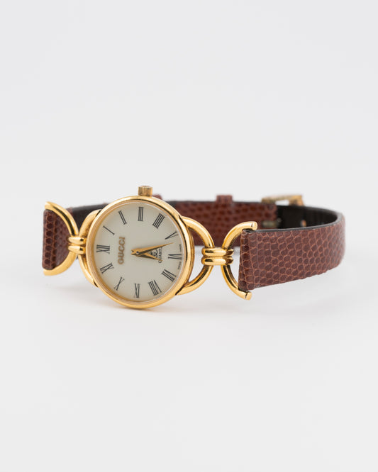 80s GUCCI 6000L Gold Horsebit Watch w/Brown Leather Band